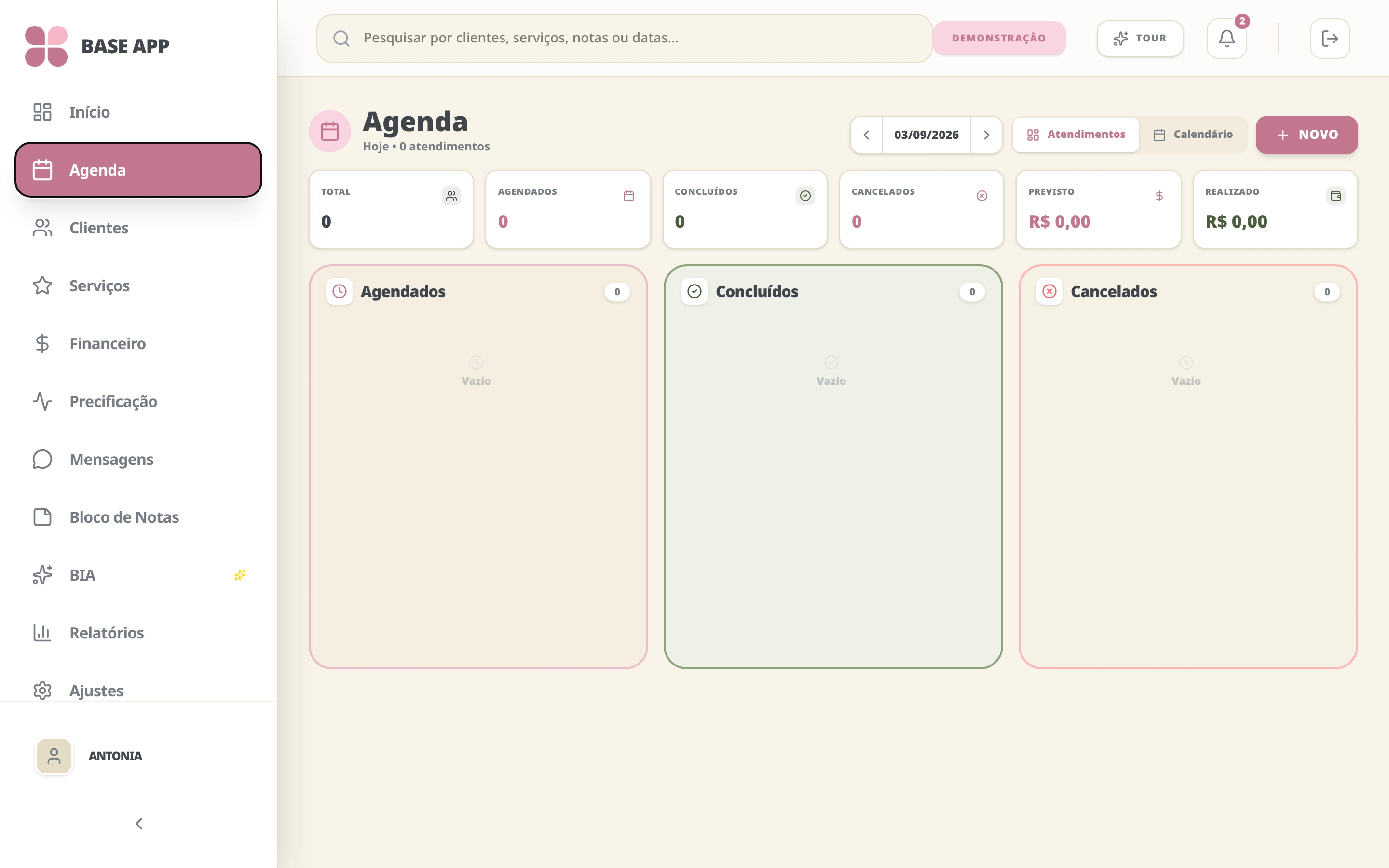 Tela de Agenda do BASE APP NAILS