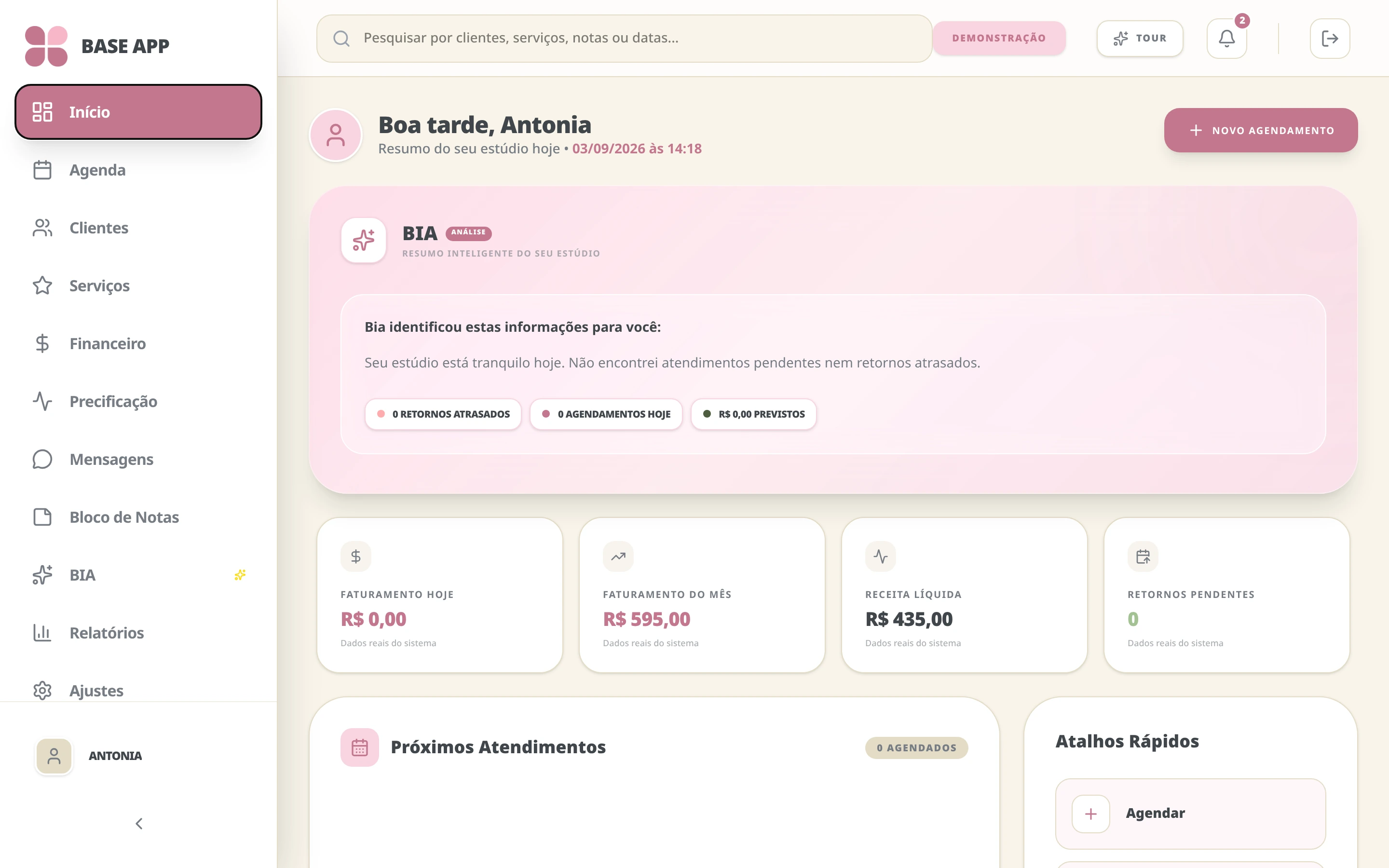 Tela de Dashboard do BASE APP NAILS